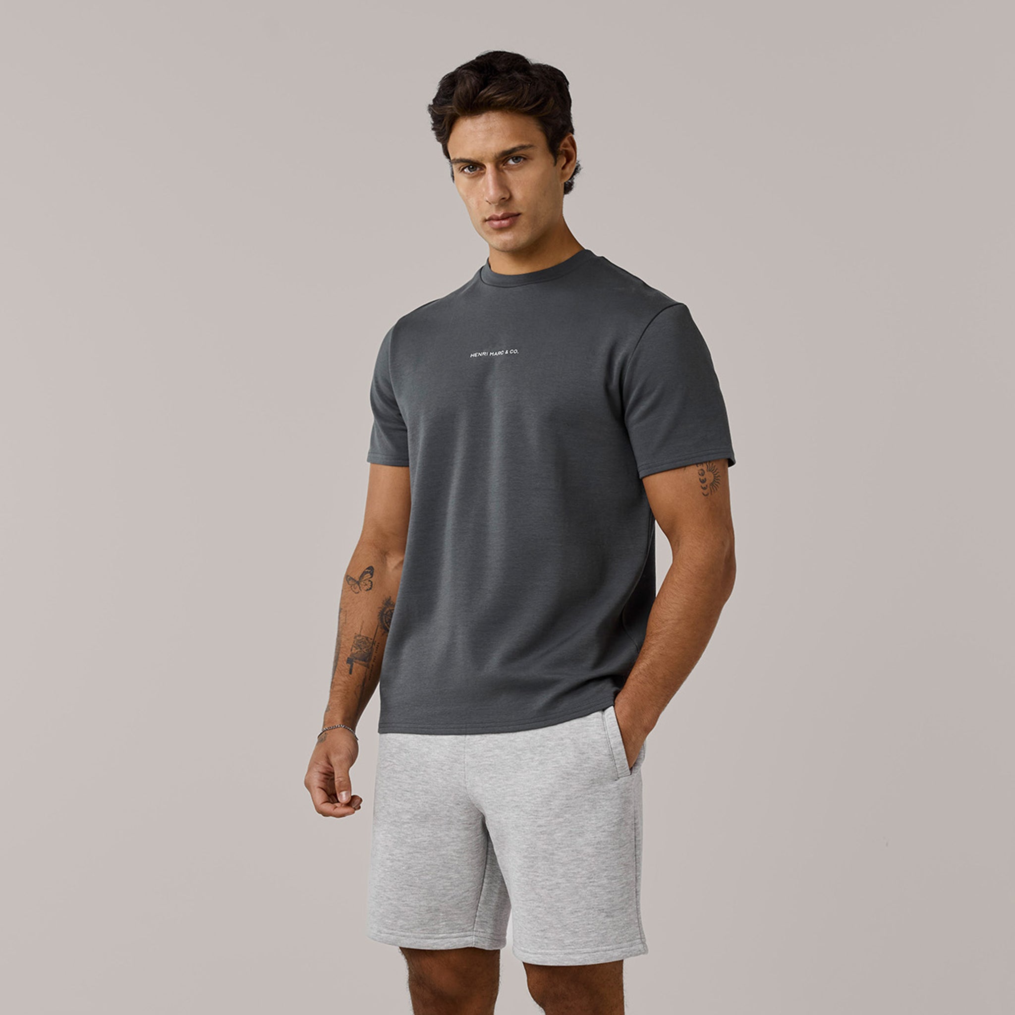 Men's Graphite/Grey Marl T-Shirt & Short Premium Logo Twinset Henri. Marc & Co Front View