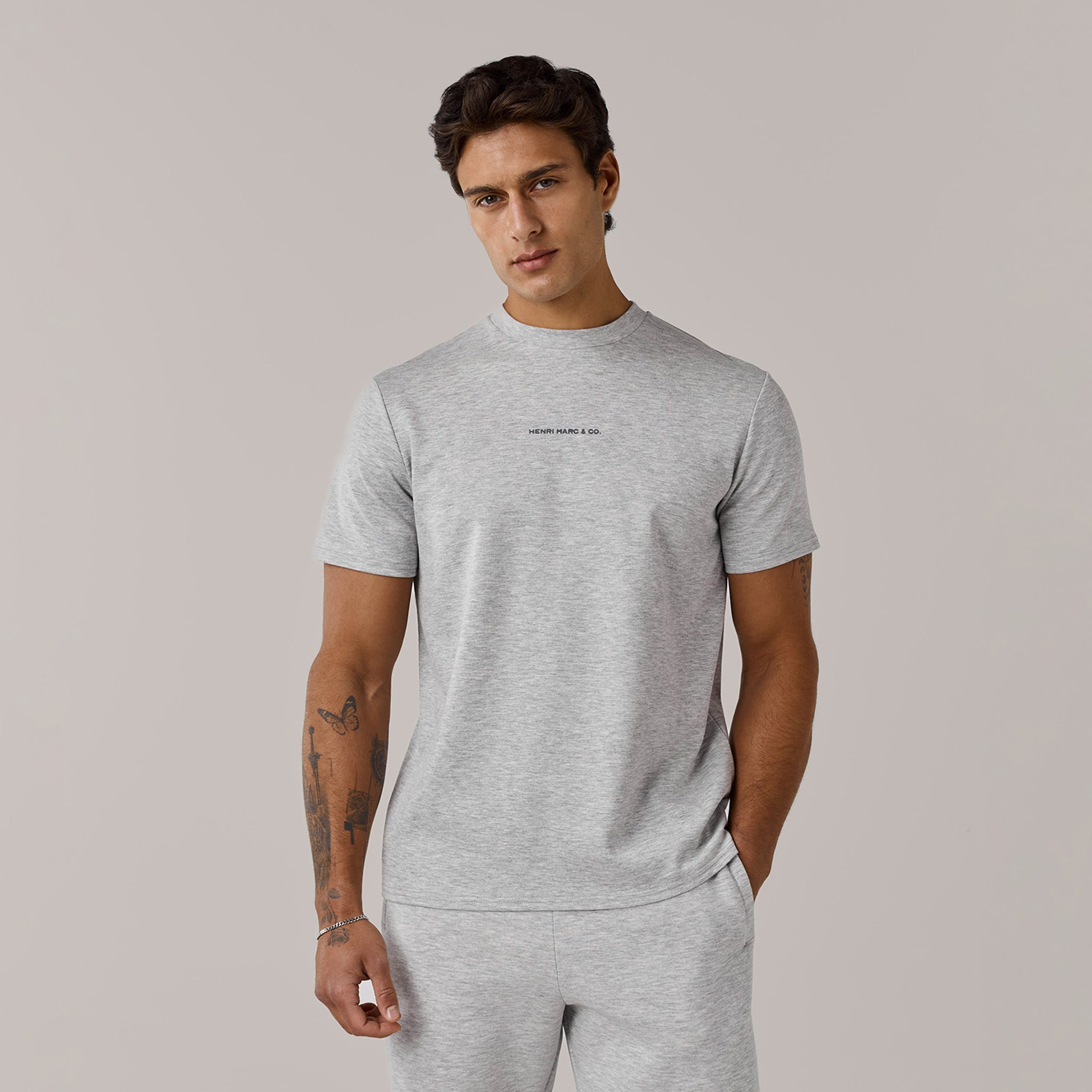 Men's Grey Marl Crew Neck Premium Logo T-Shirt Henri. Marc & Co Front View