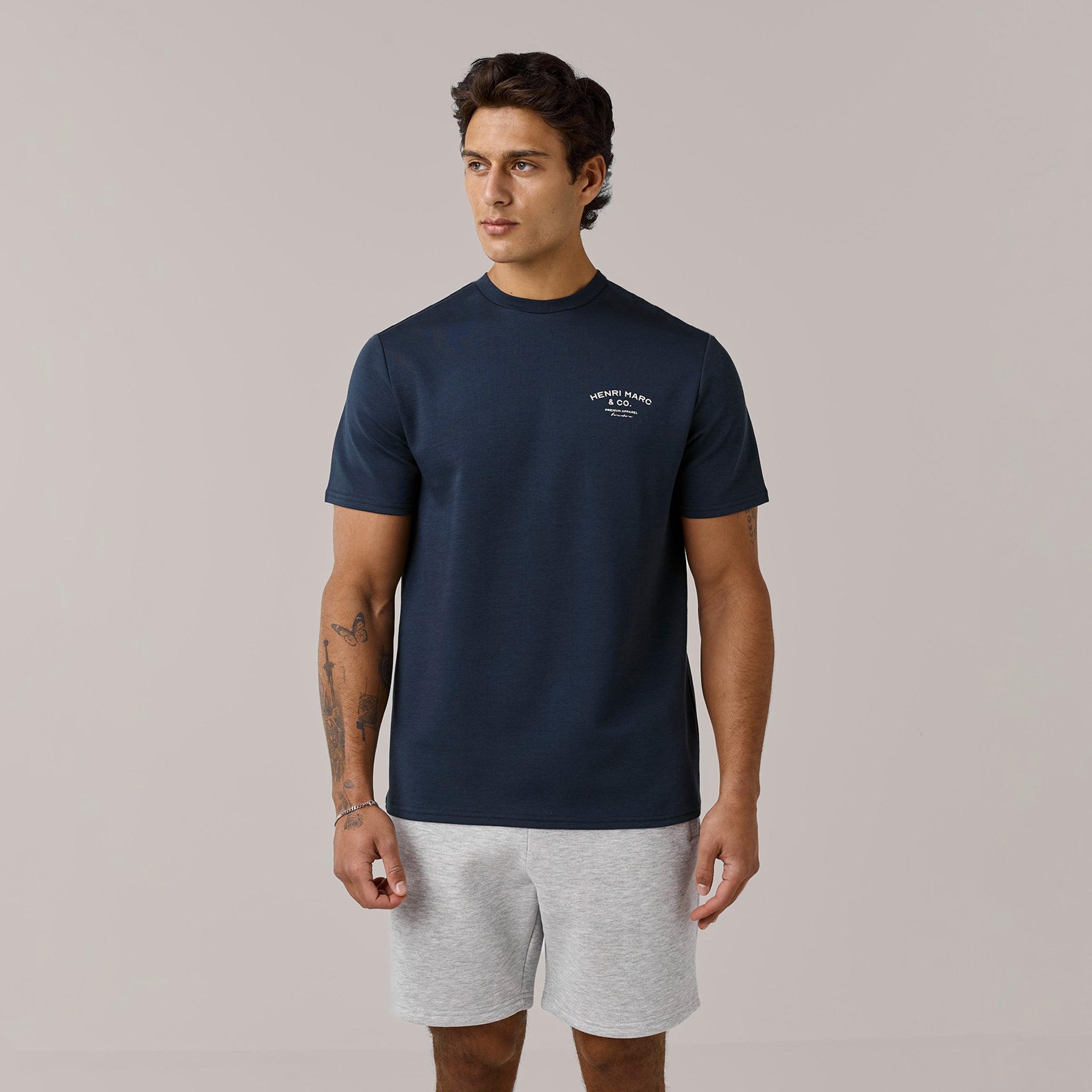 Men's Navy/Grey Marl T-Shirt & Short Premium Arch Logo Twinset Henri. Marc & Co Front View