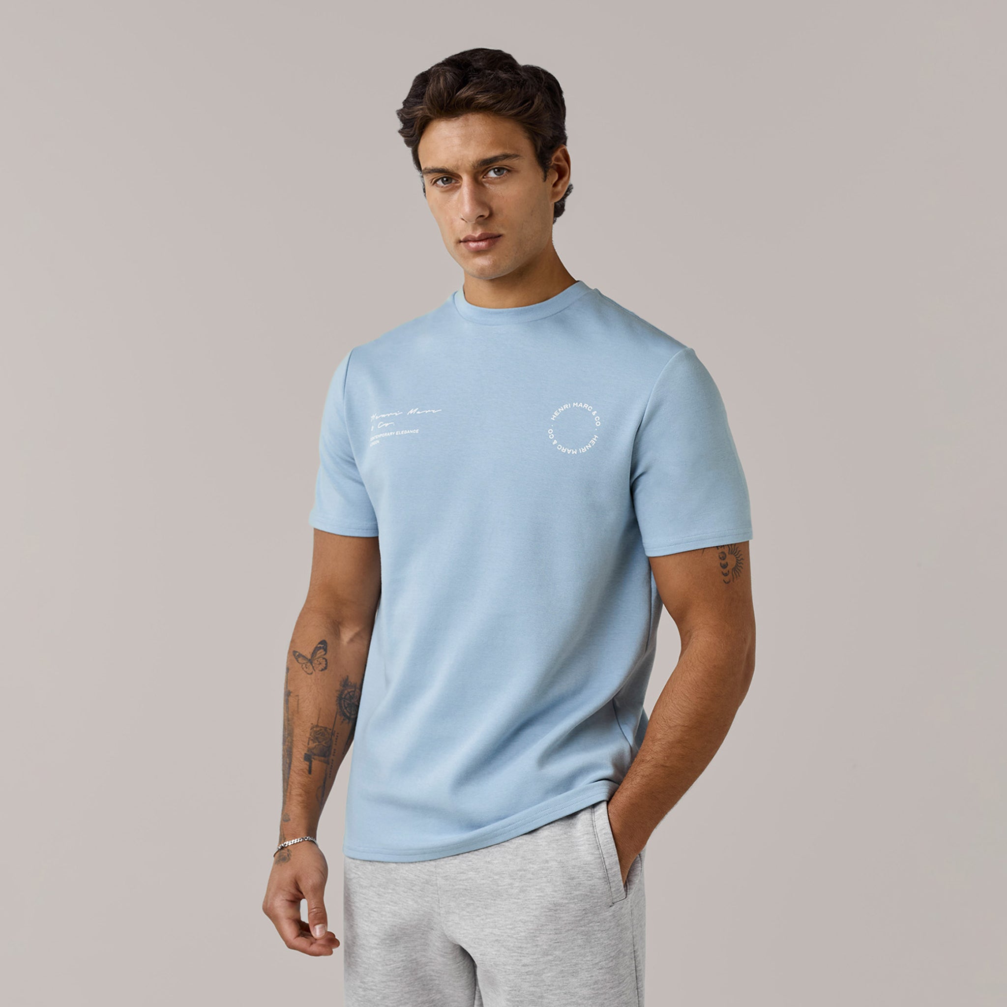 Men's Light Blue Crew Neck Premium Circle Icon T-Shirt Henri. Marc & Co Front View