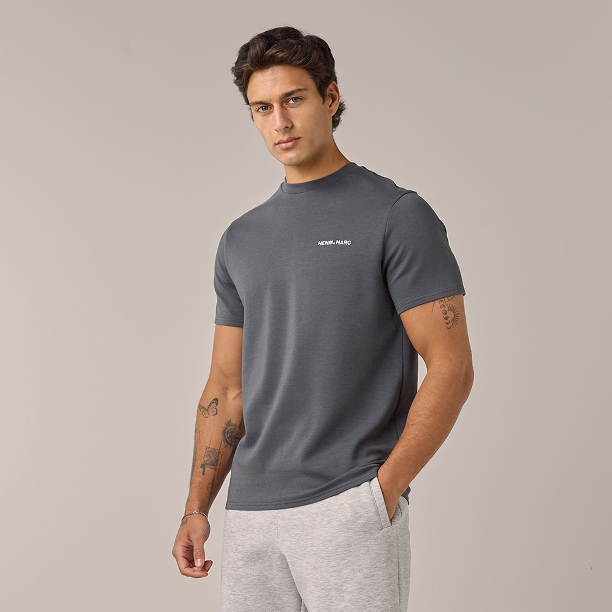 Men's Graphite Crew Neck Logo T-Shirt Henri. Marc & Co Front View