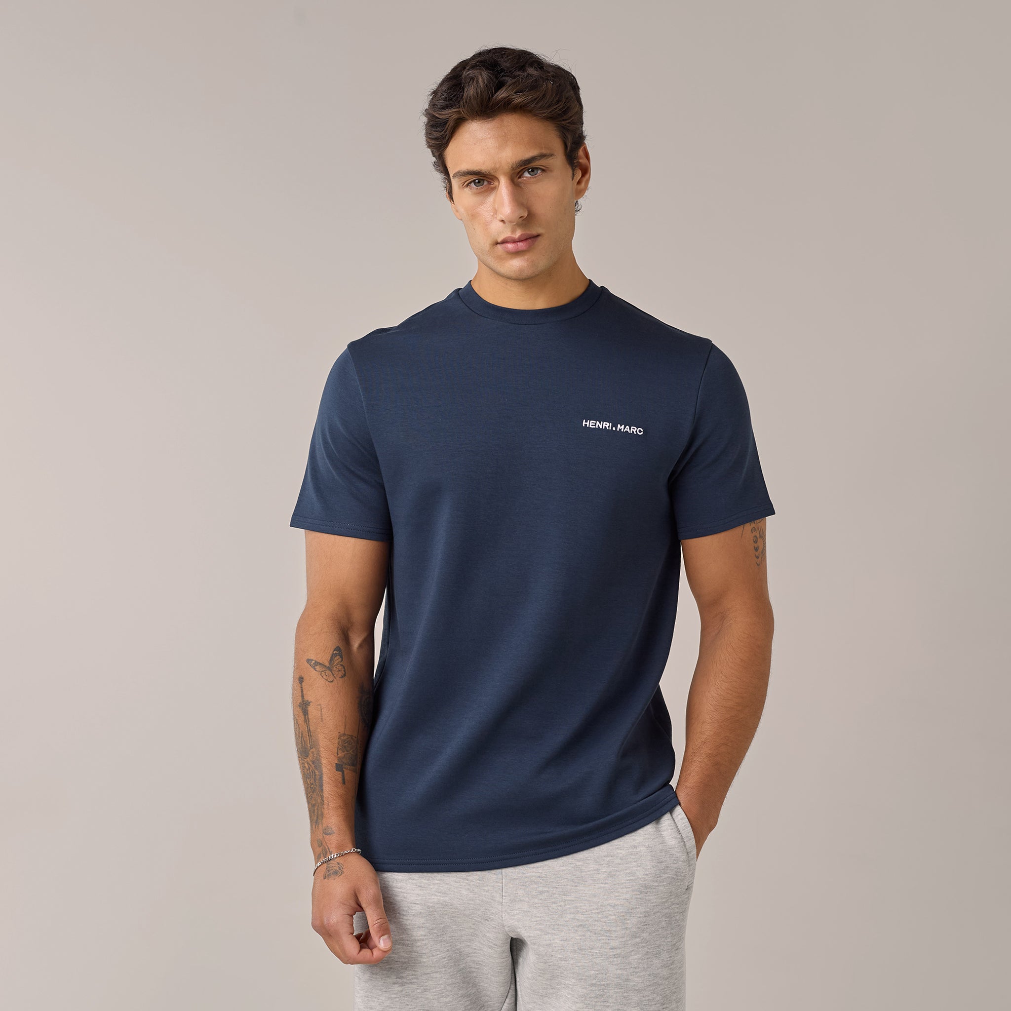 Men's Navy Crew Neck Logo T-Shirt Henri. Marc & Co Front View
