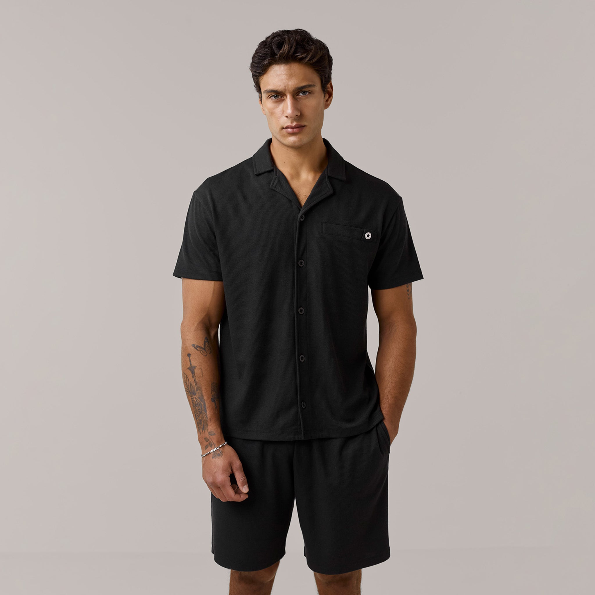 Men's Black Knit Revere Collar Shirt Henri. Marc & Co Front View