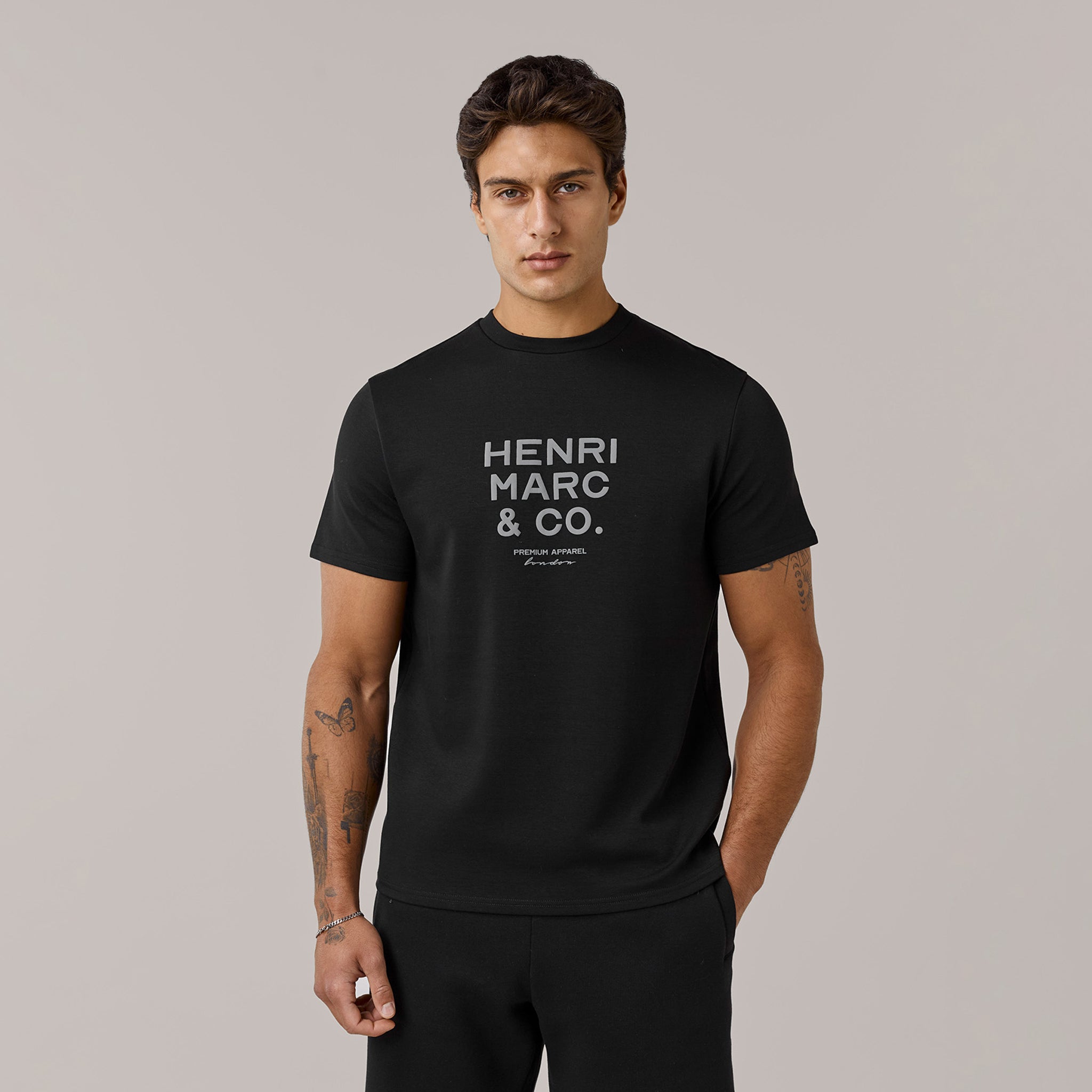 Men's Black Crew Neck Premium Tonal Logo T-Shirt Henri. Marc & Co Front View
