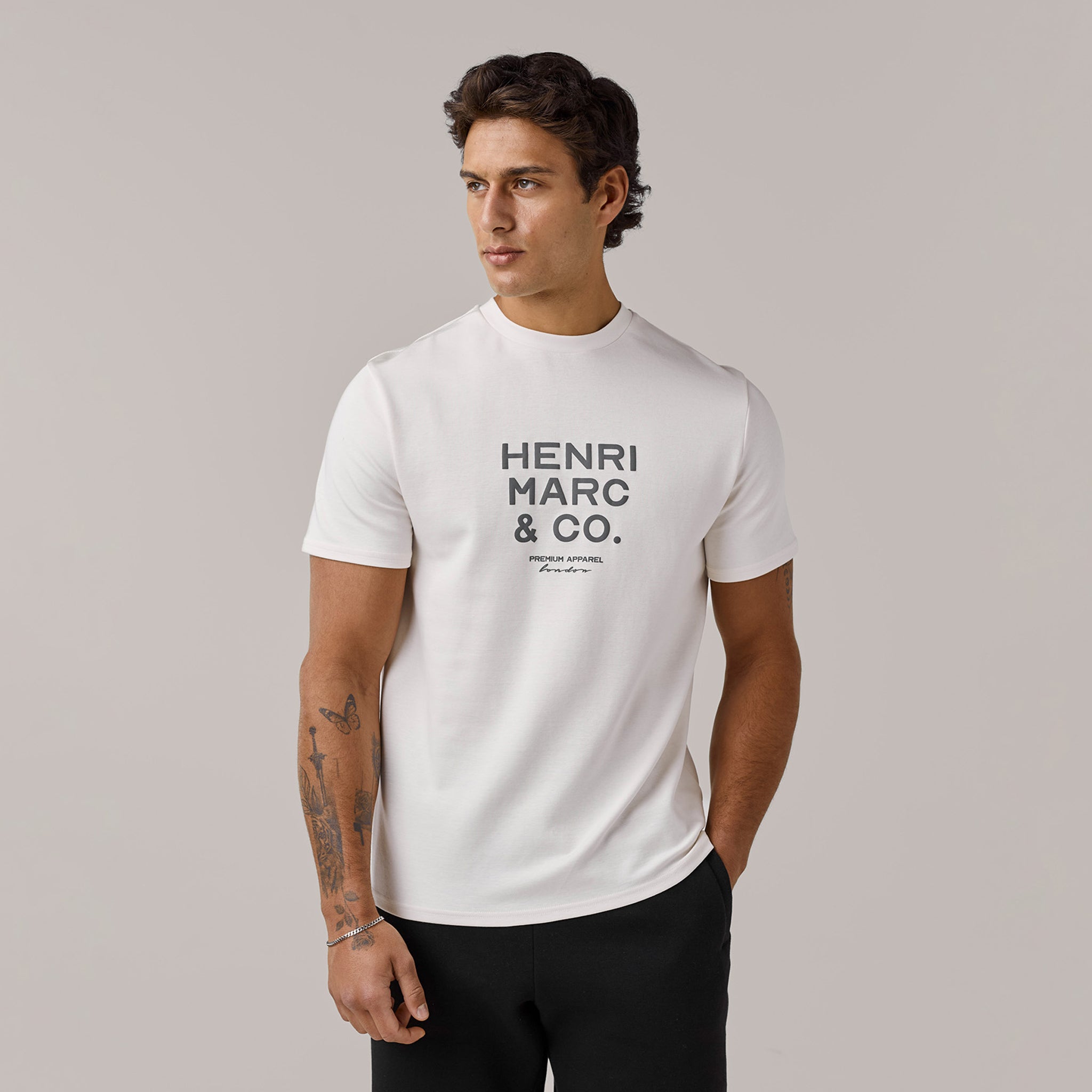Men's Off White Crew Neck Premium Tonal Logo T-Shirt Henri. Marc & Co Front View