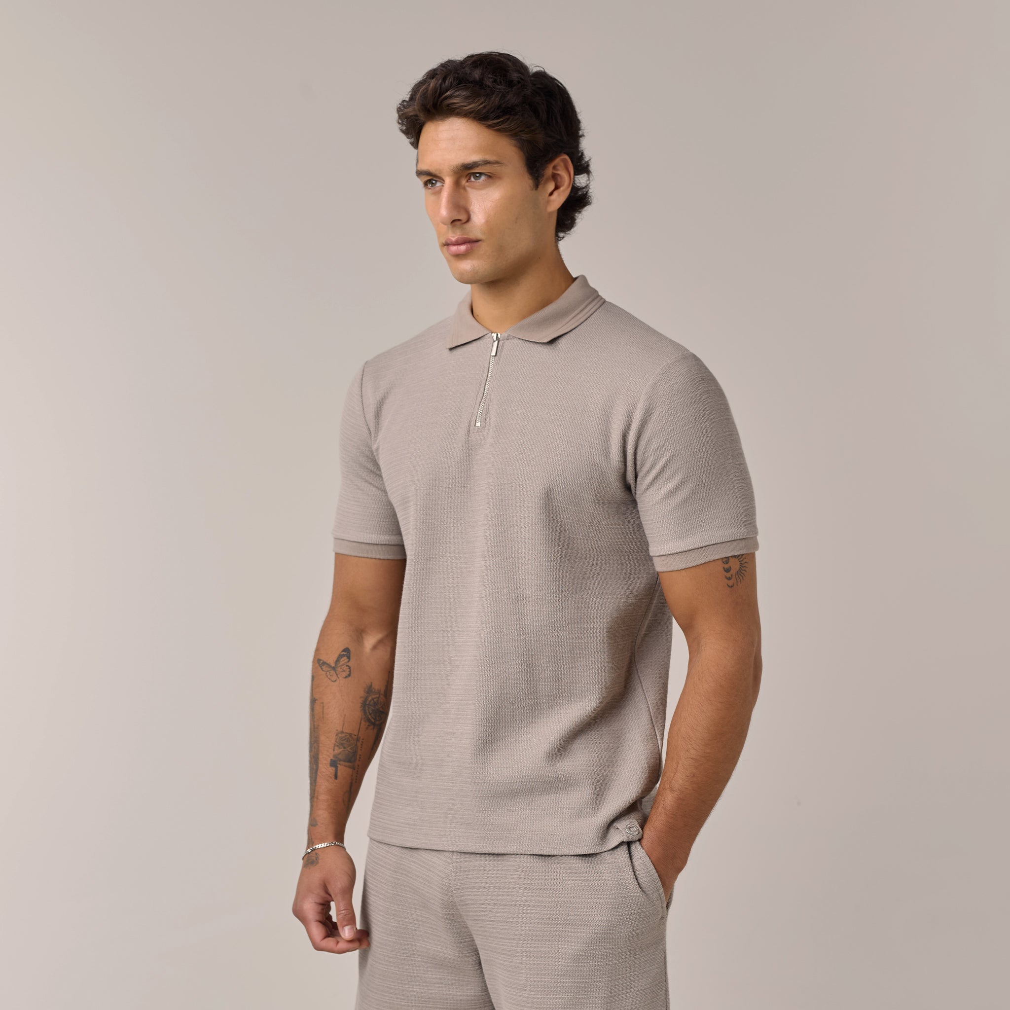 Men's Beige Textured Knit Polo Shirt Henri. Marc & Co Front View