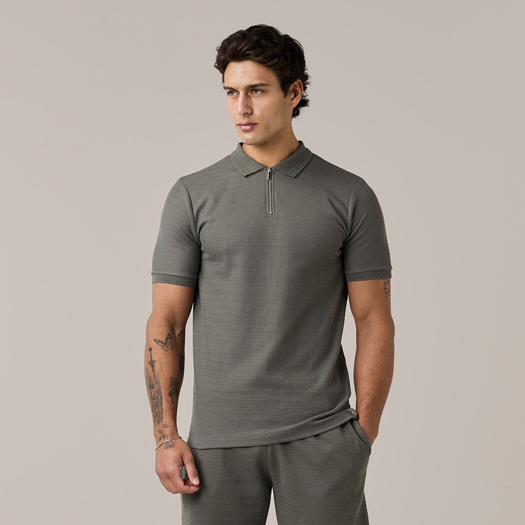 Men's Green Olive Textured Knit Polo Shirt Henri. Marc & Co Front View
