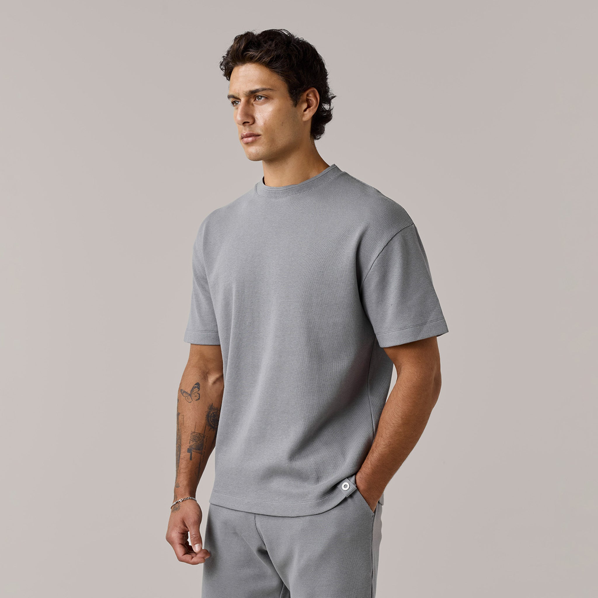 Men's Grey Crew Neck Waffle T-Shirt Henri. Marc & Co Front View