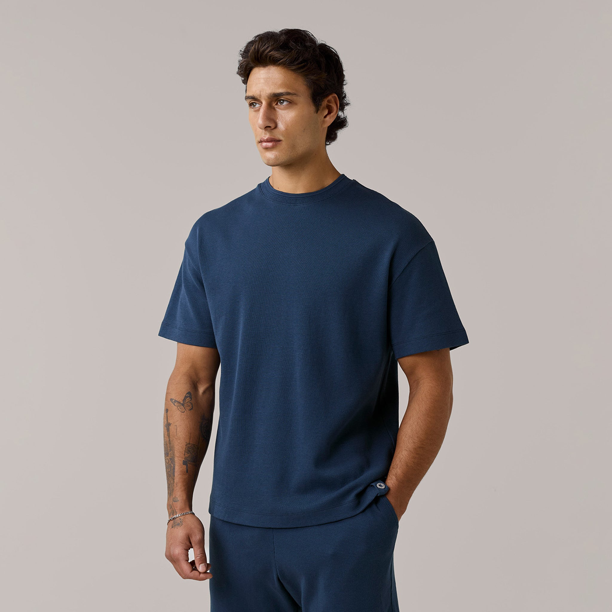 Men's Navy Crew Neck Waffle T-Shirt Henri. Marc & Co Front View