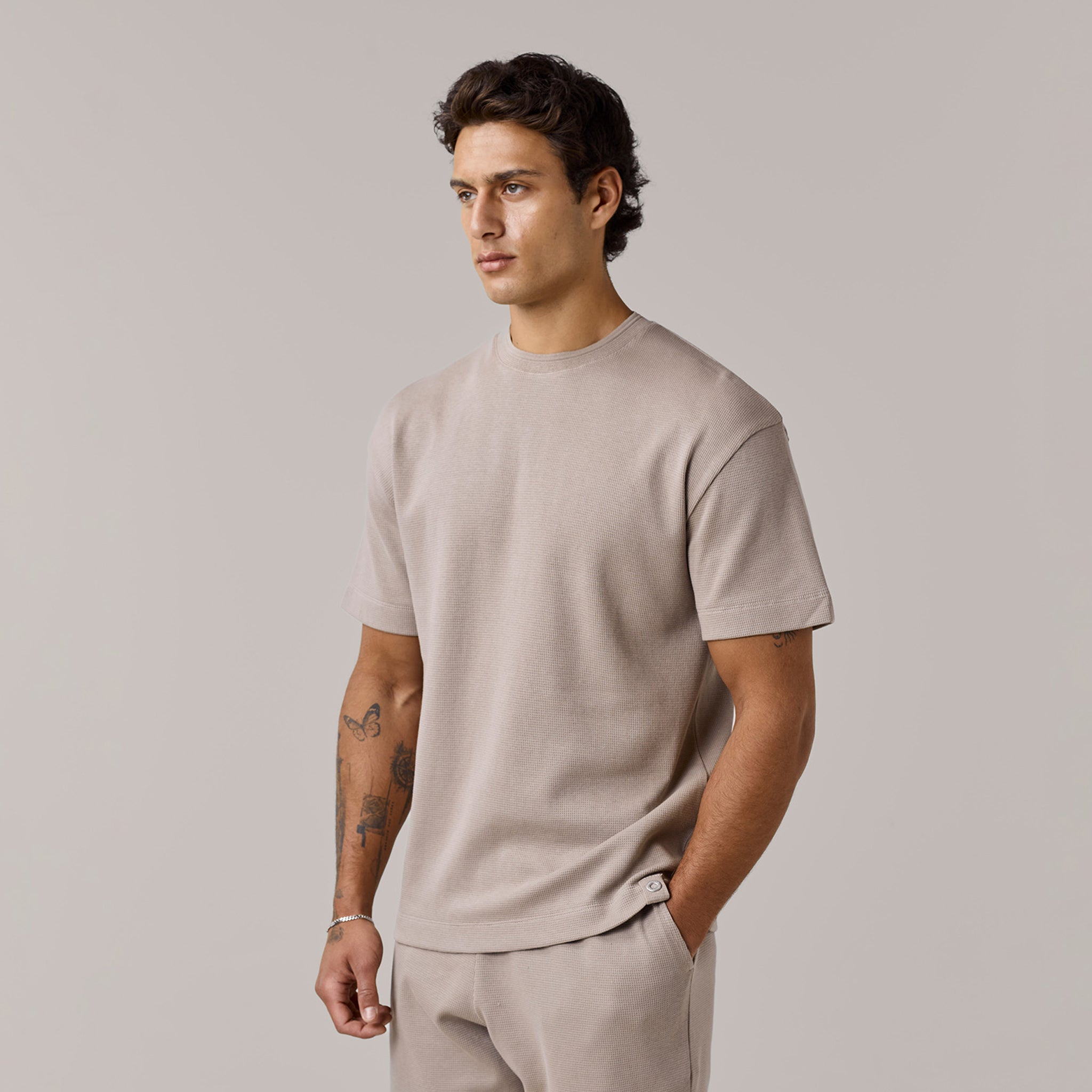 Men's Taupe Crew Neck Waffle T-Shirt Henri. Marc & Co Front View
