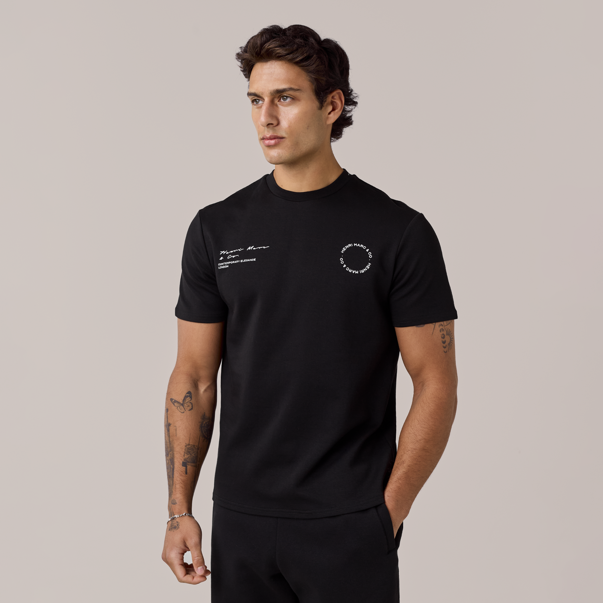 Men's Black Crew Neck Premium Circle Icon T-Shirt Henri. Marc & Co Front View