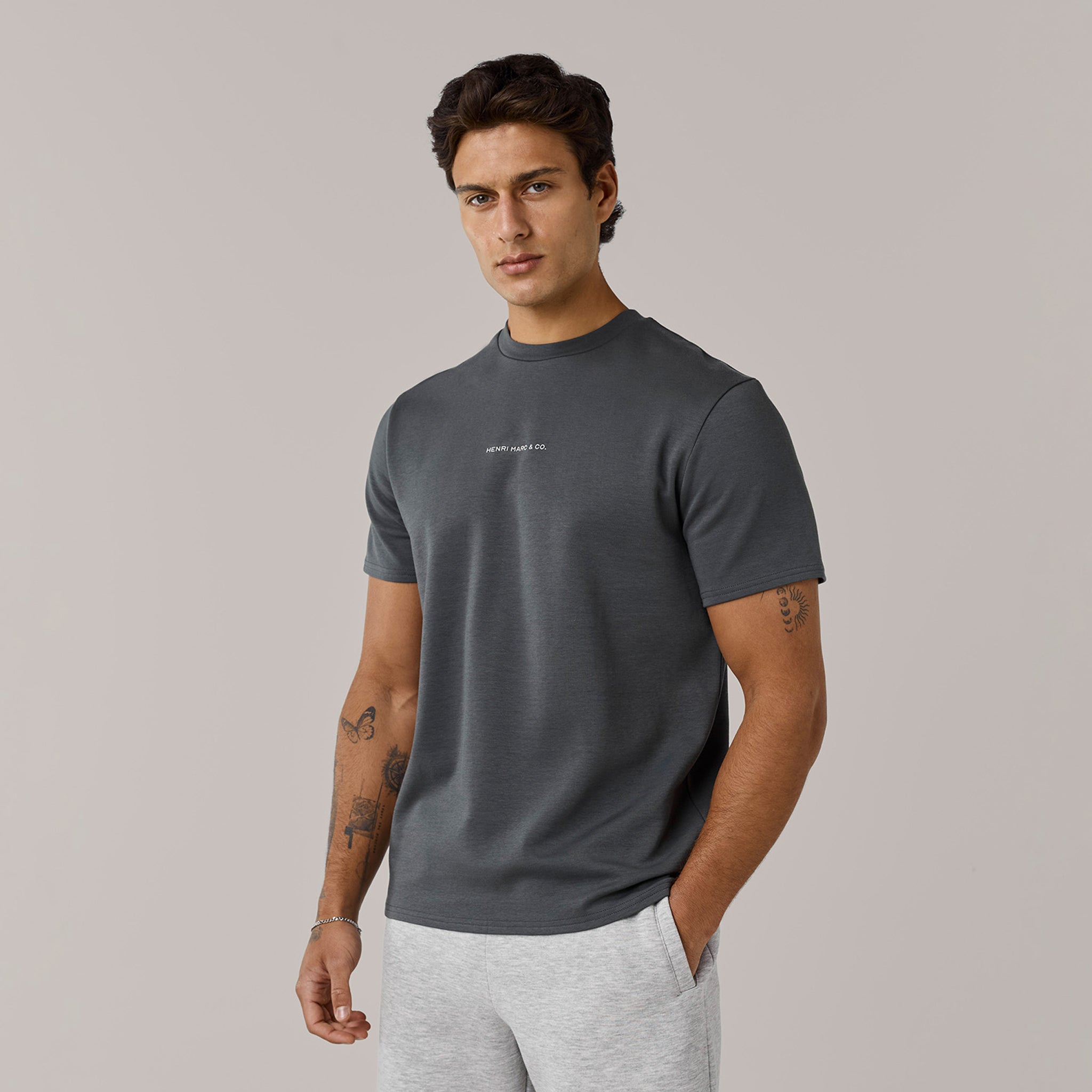Men's Graphite Crew Neck Premium Logo T-Shirt  Henri. Marc & Co  Front View