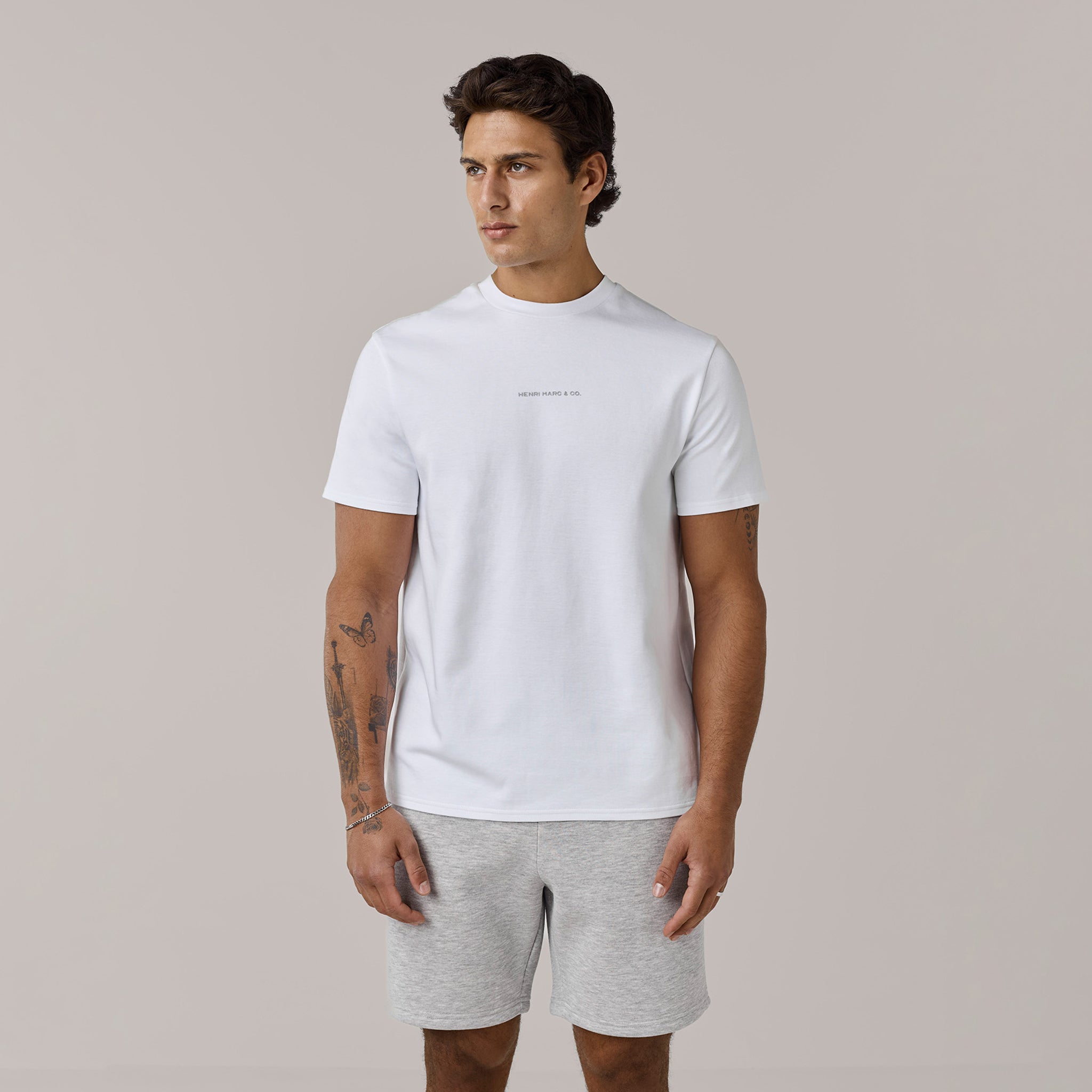 Men's White/Grey Marl T-Shirt & Short Premium Logo Twinset  Henri. Marc & Co  Front View