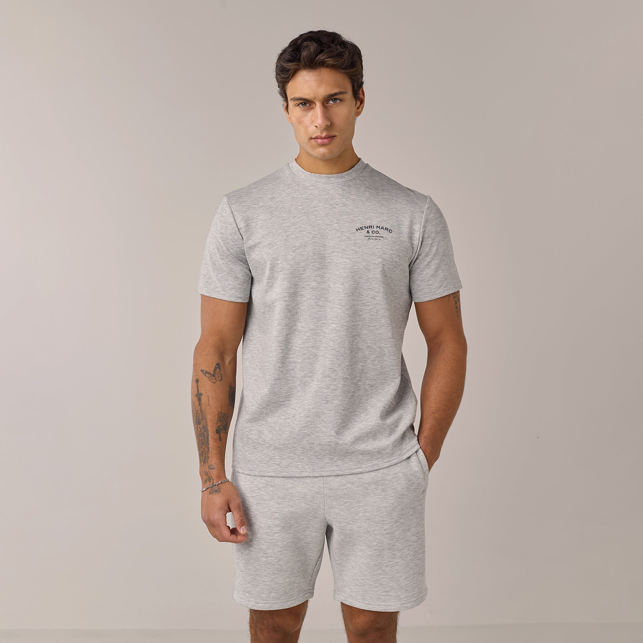 Men's  Grey Marl/Grey Marl T-Shirt & Short Premium Arch Logo Twinset  Henri. Marc & Co  Front View