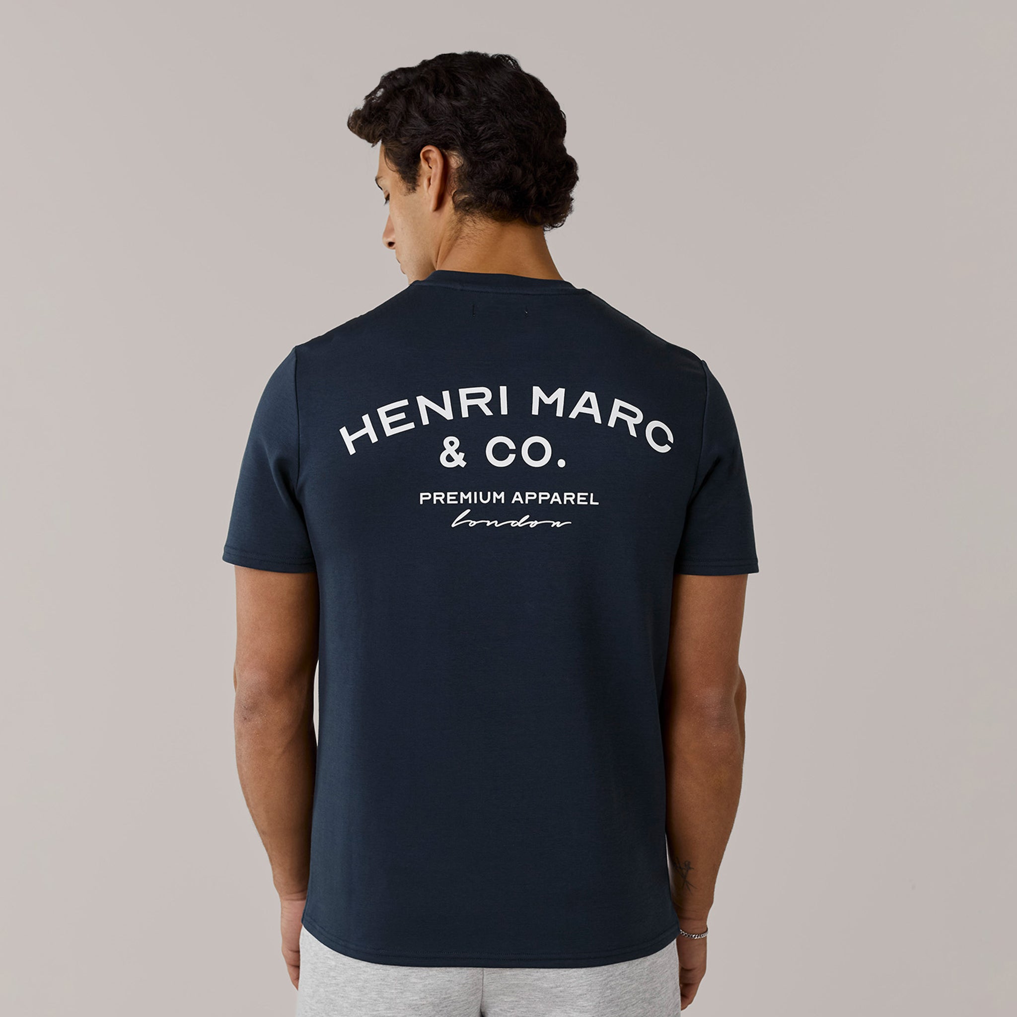 Men's  Navy Crew Neck Premium Arch Logo T-Shirt  Henri. Marc & Co  Front View