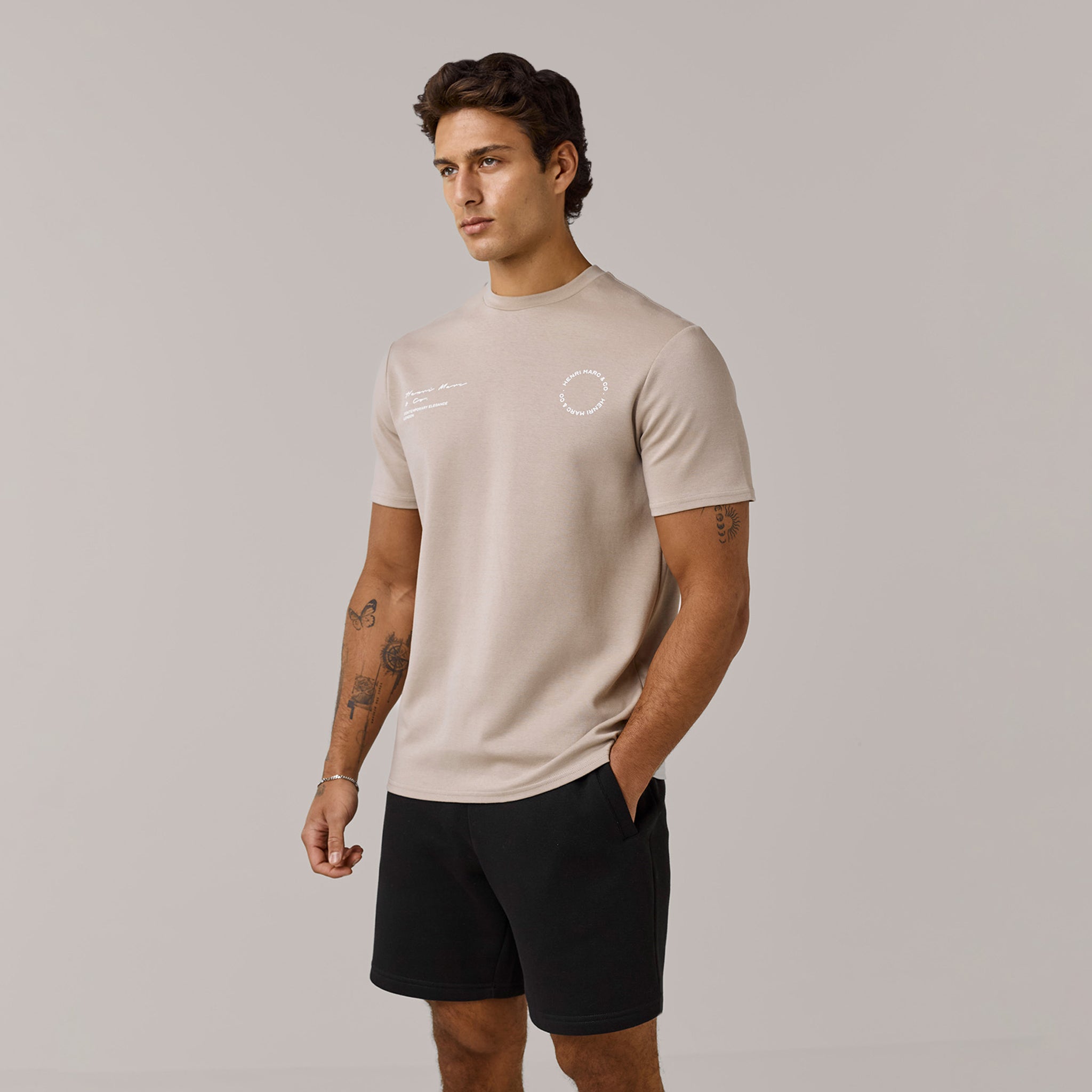 Men's  Stone/Black T-Shirt & Short Premium Circle Icon Twinset  Henri. Marc & Co  Front View
