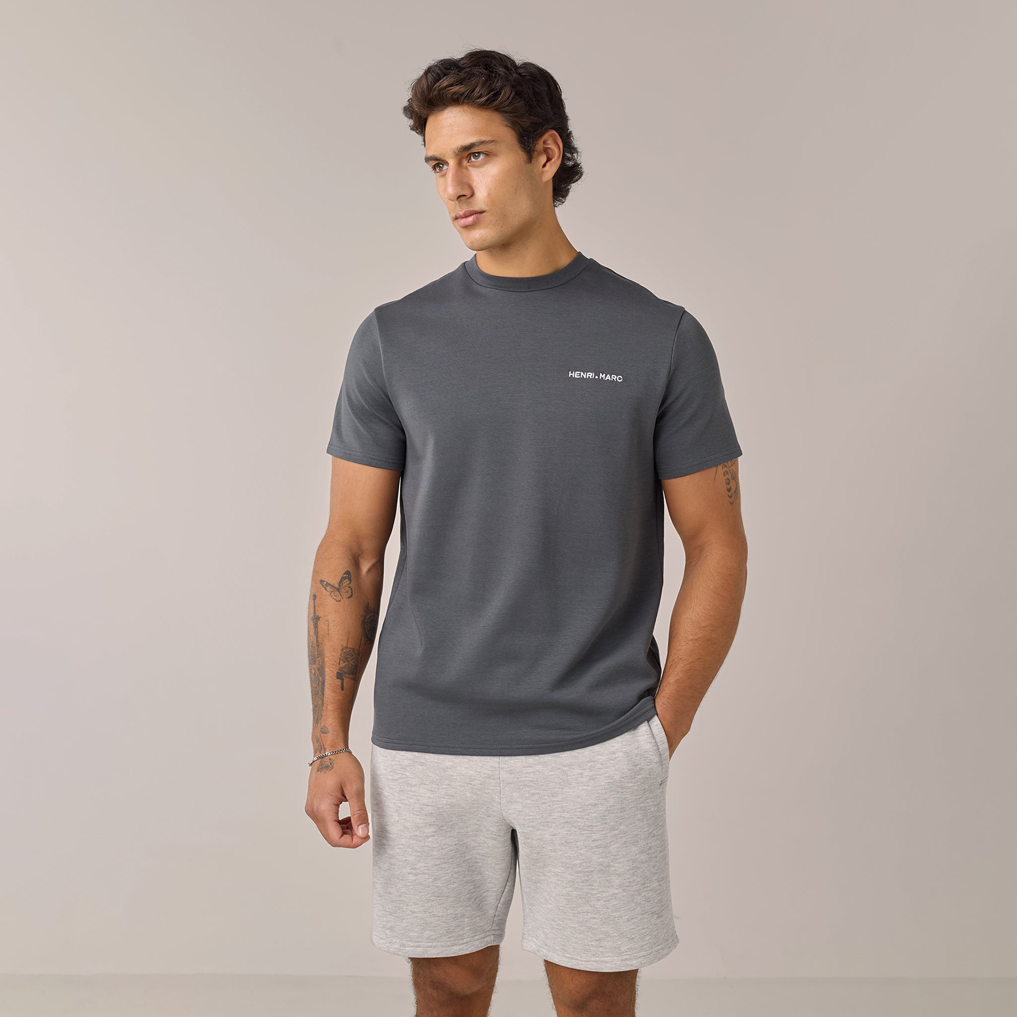 Men's  Graphite/Grey Marl T-Shirt & Short Logo Twinset  Henri. Marc & Co  Front View