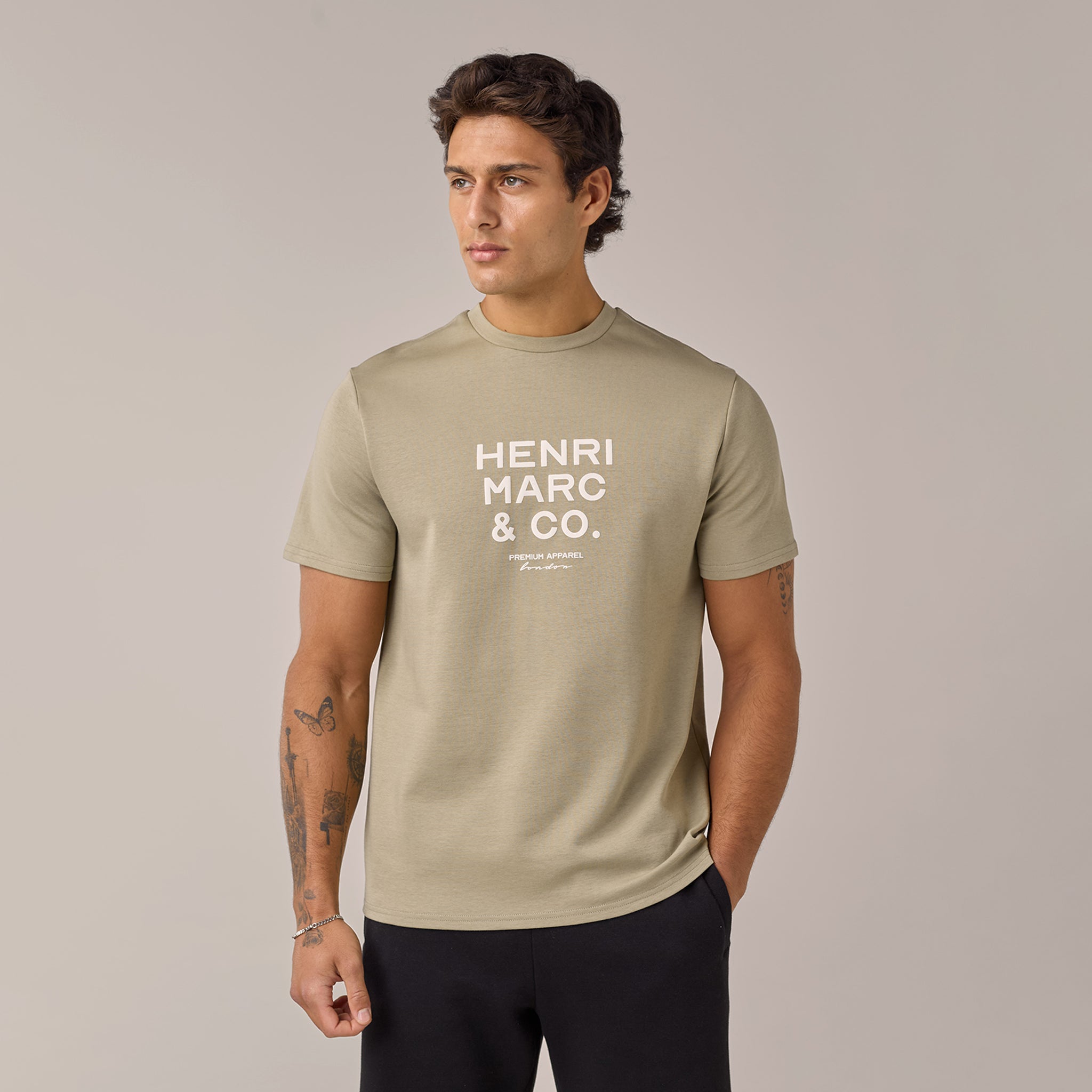 Men's  Khaki Crew Neck Premium Tonal Logo T-Shirt  Henri. Marc & Co  Front View