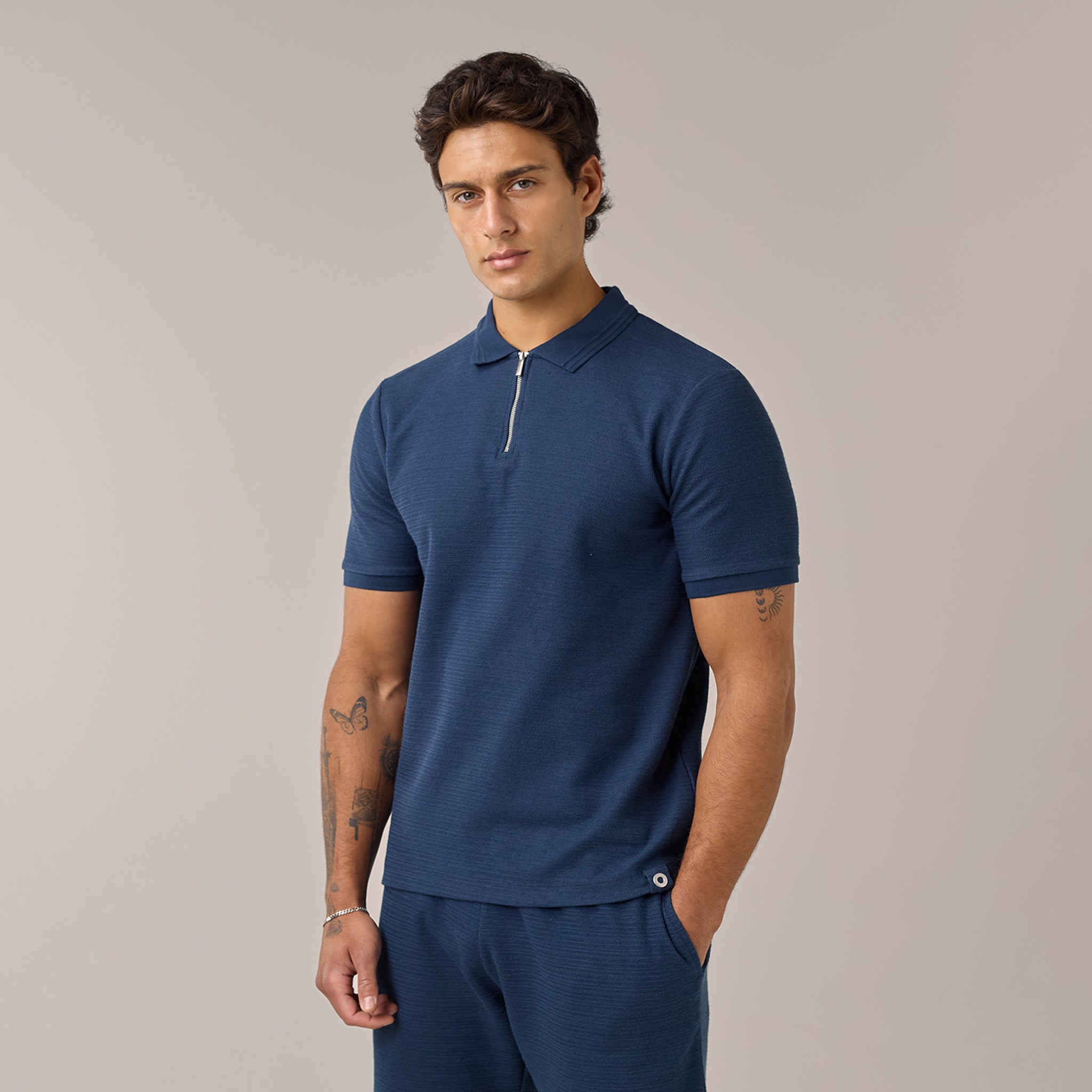 Men's  Navy Textured Knit Polo  Shirt Henri. Marc & Co  Front View