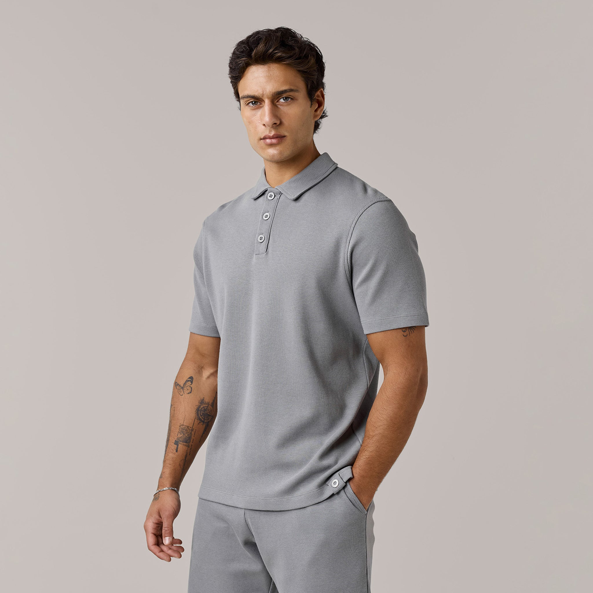 Men's  Grey Waffle Polo  Shirt Henri. Marc & Co  Front View