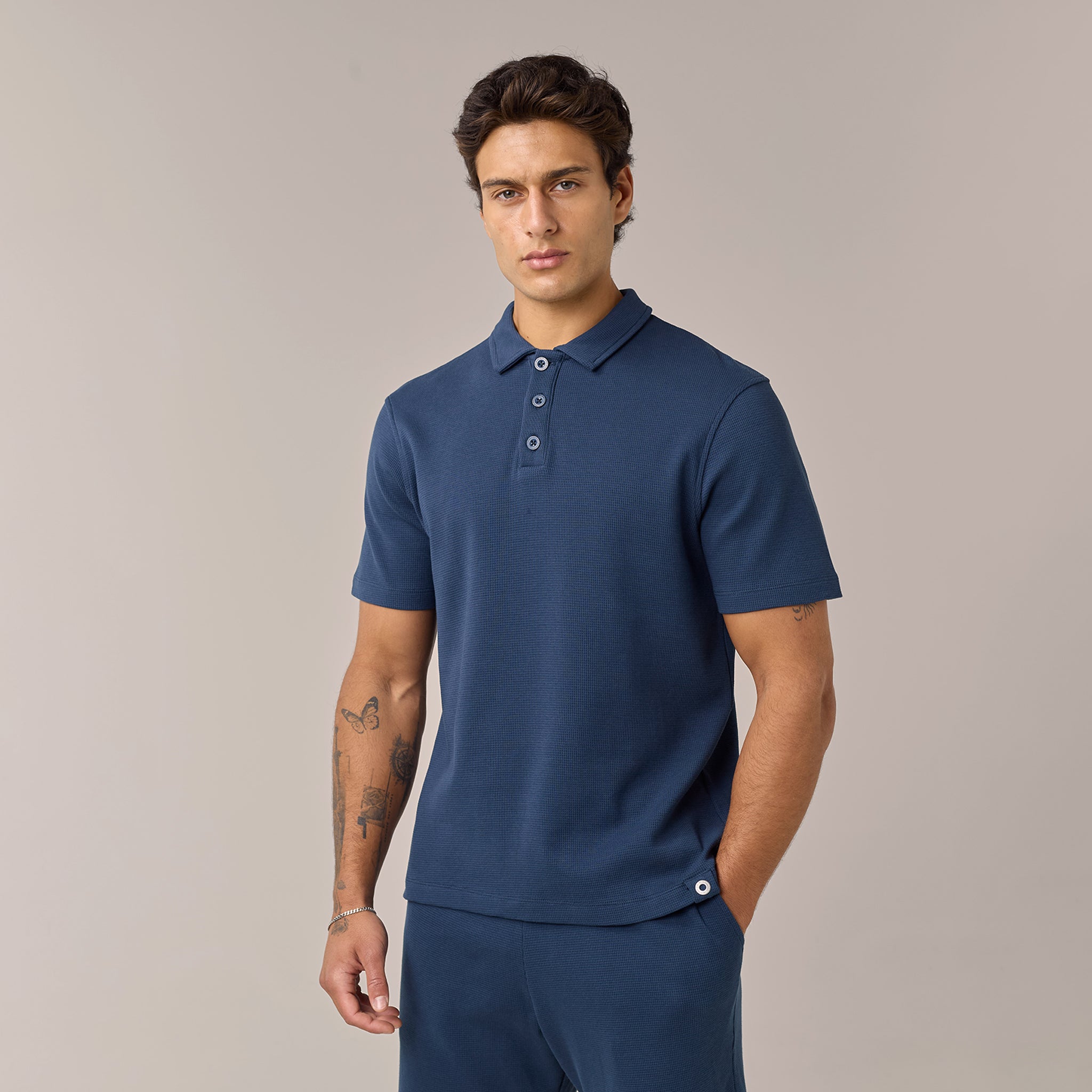Men's  Navy Waffle Polo  Shirt Henri. Marc & Co  Front View