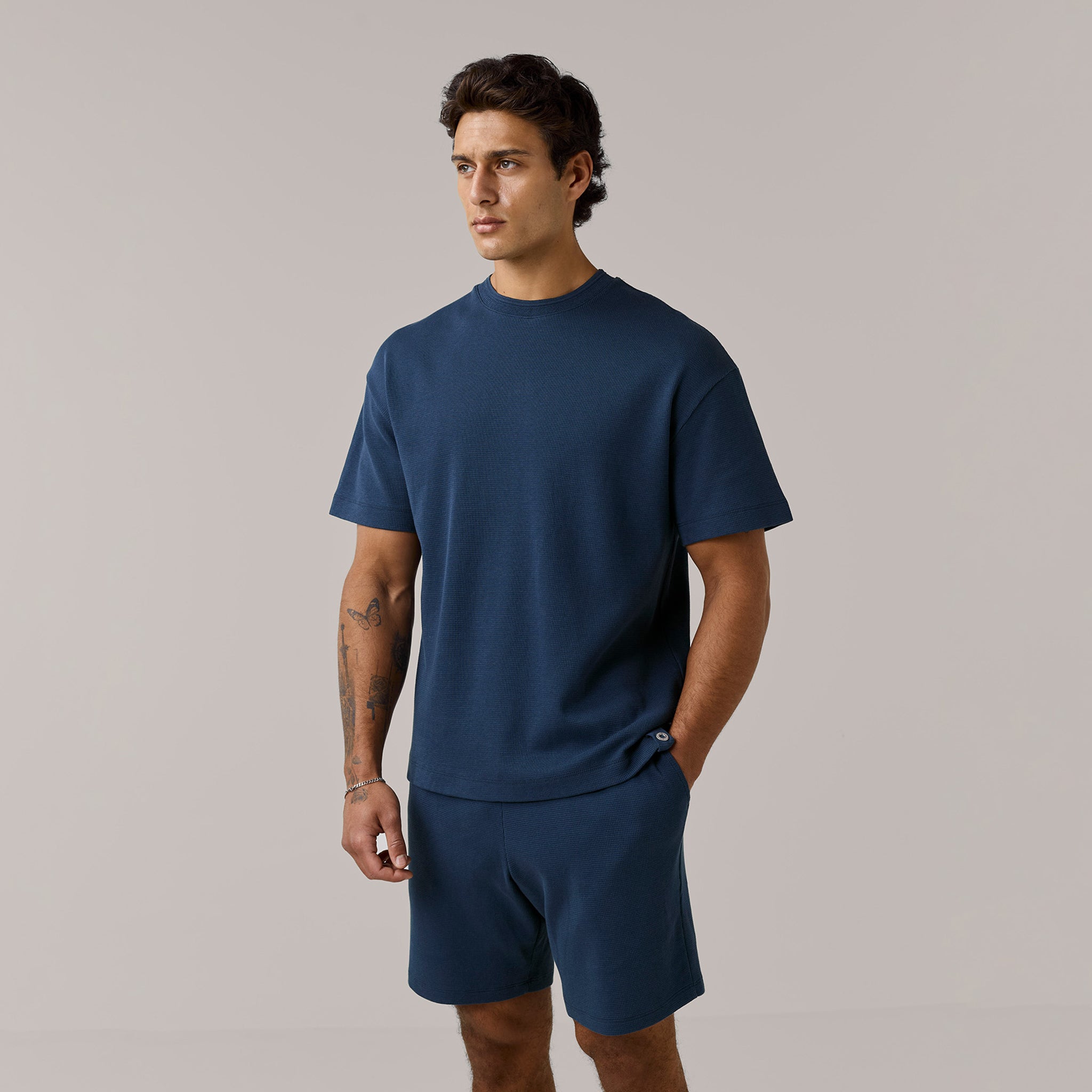 Men's  Navy T-Shirt & Short Waffle Twinset  Henri. Marc & Co  Front View