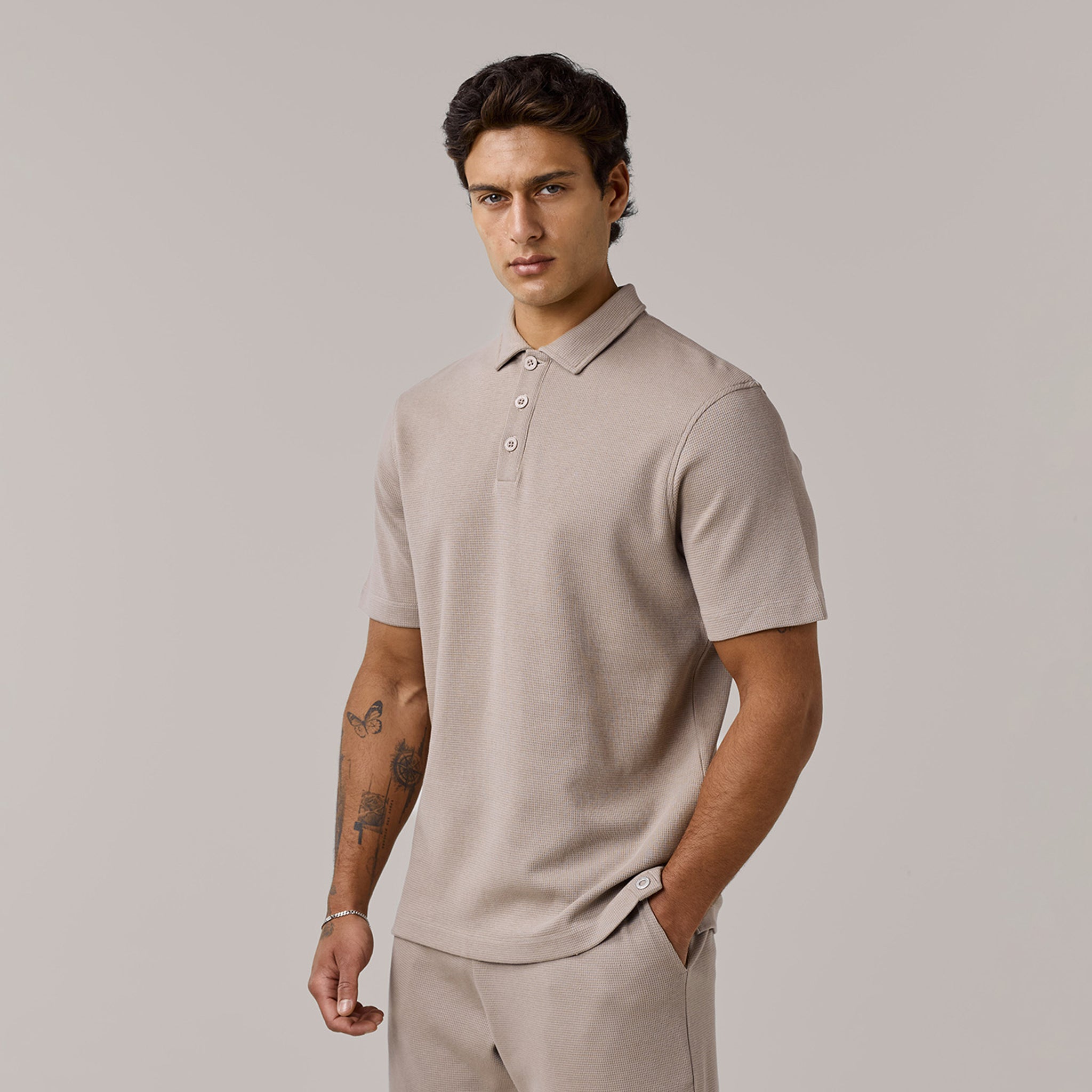 Men's  Taupe Waffle Polo  Shirt Henri. Marc & Co  Front View